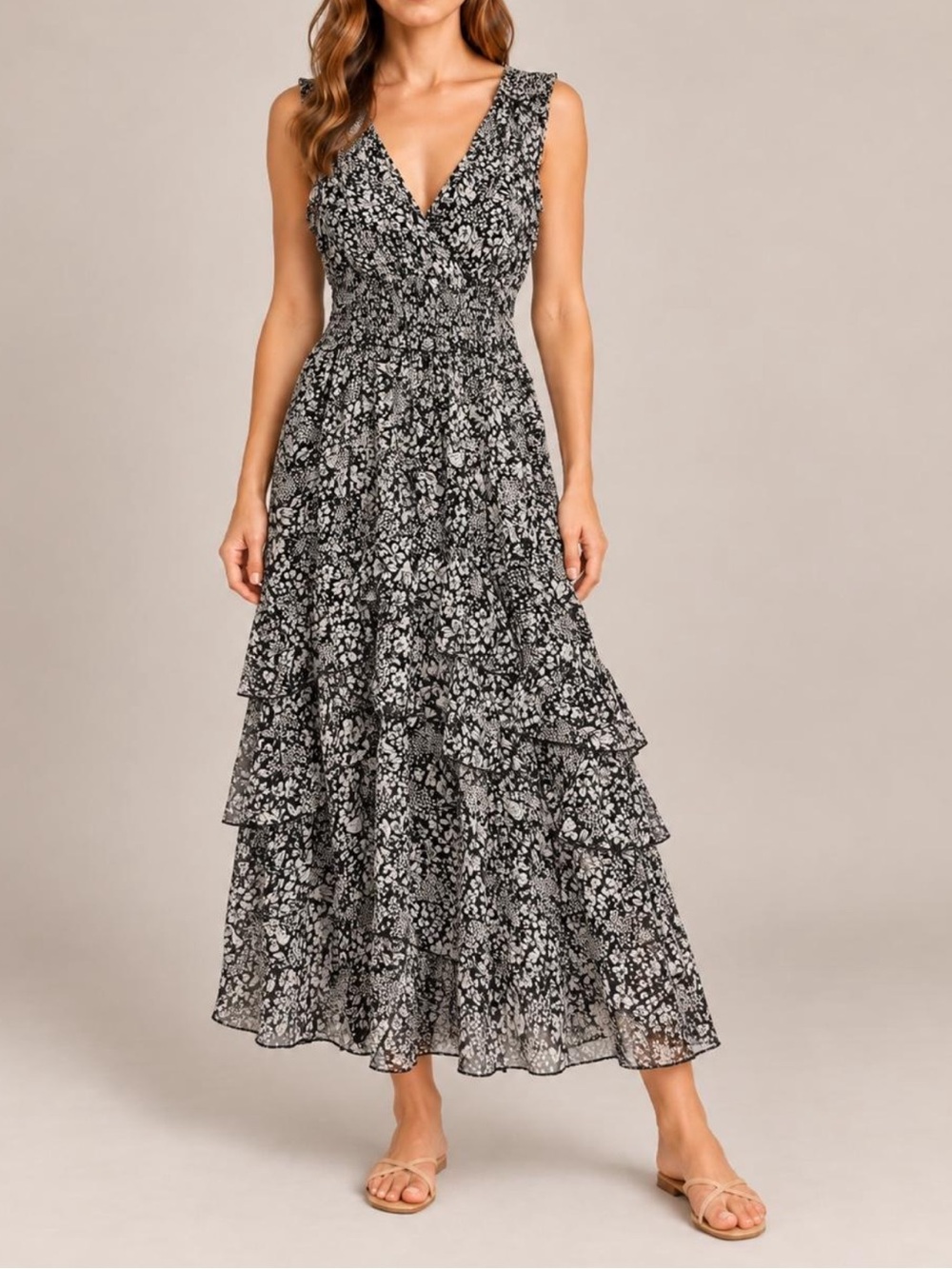 Anthropologie Black & White Floral Tiered V-Neck Maxi Dress